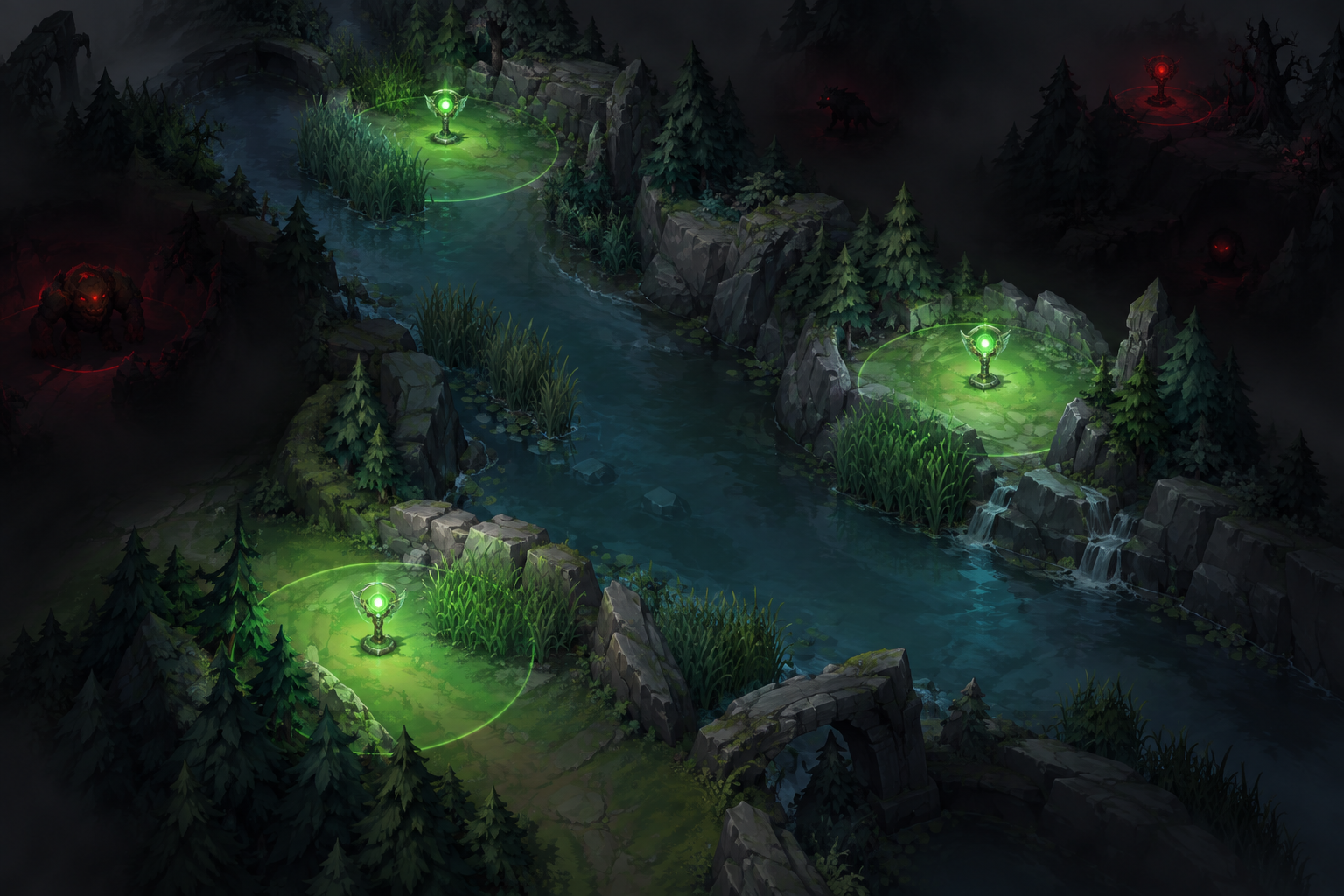 Ilustração conceitual de um rio na jungle, com pontos de visão iluminando acessos e áreas desconhecidas na neblina.